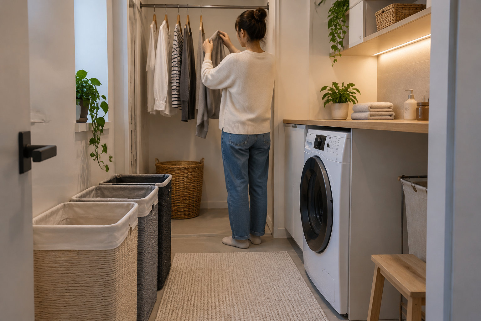 Une femme range un vêtement sur une tringle dans une buanderie équipée d’un lave-linge, de paniers à linge et d’étagères.
