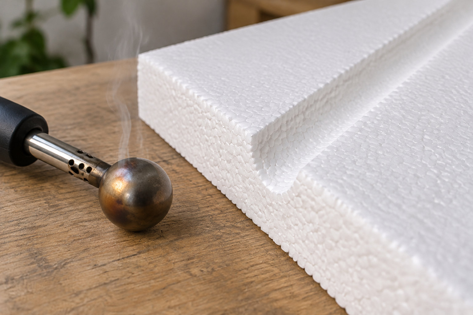 Un outil métallique chauffé est posé contre une grande plaque de polystyrène, dont le bord est entaillé, sur une table en bois.