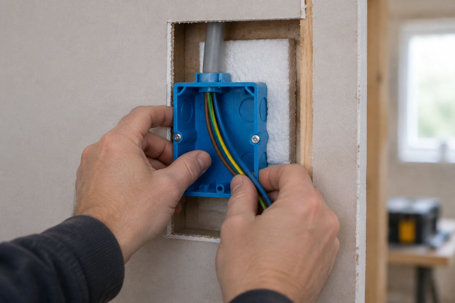 Deux mains manipulent des fils électriques dans une boîte d’encastrement bleue, ouverte dans une cloison.