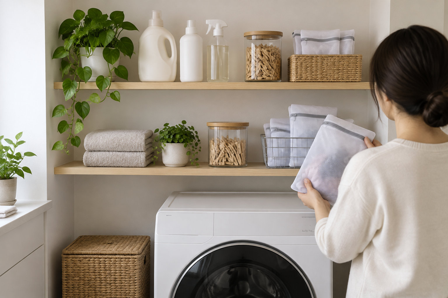 Une femme range des serviettes pliées dans une buanderie avec un lave-linge, des paniers, des produits ménagers et des plantes.