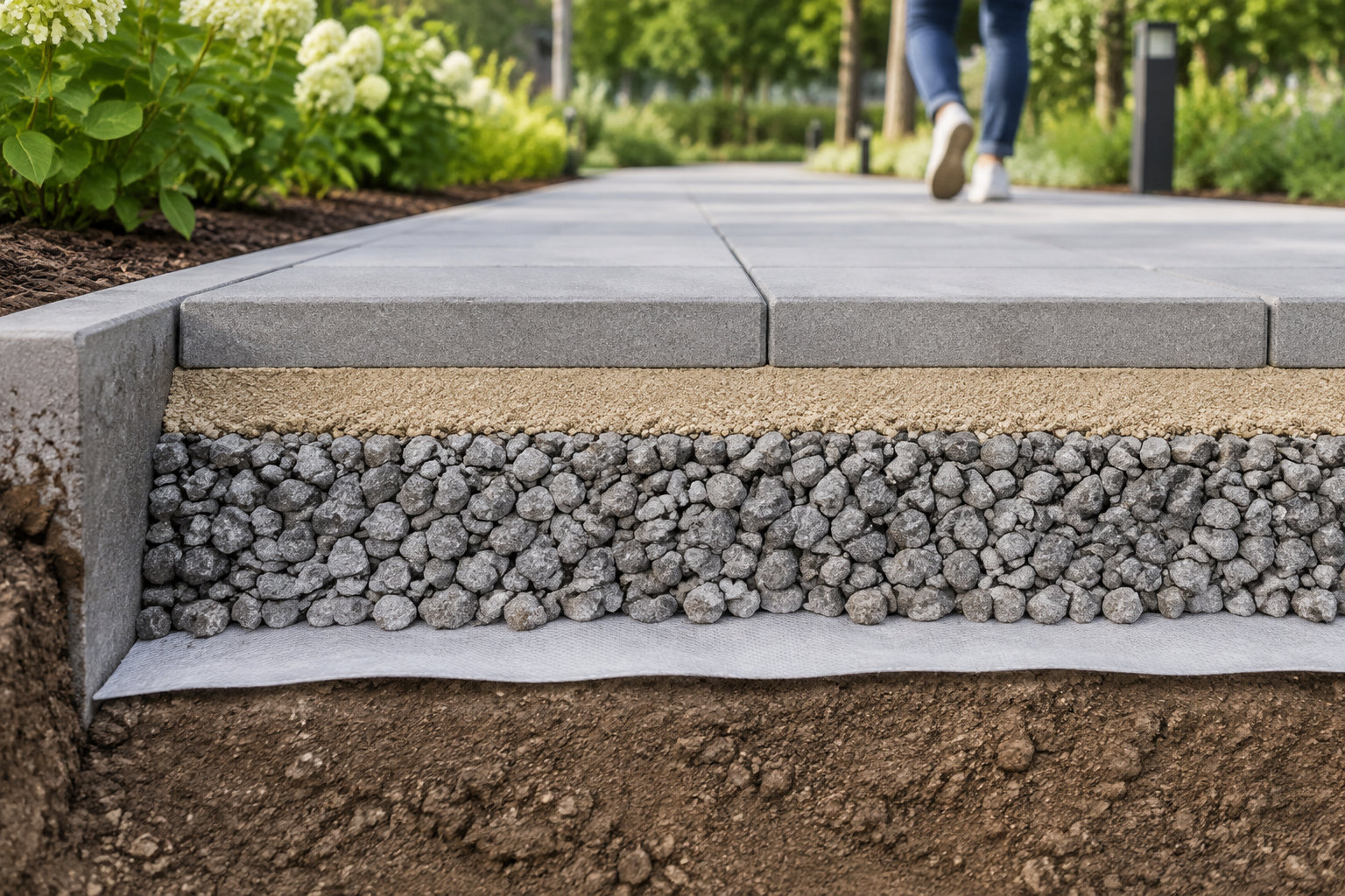 Une coupe montre les couches de gravier, de sable et de terre sous un chemin pavé, tandis qu’une personne marche au milieu d’un jardin fleuri.