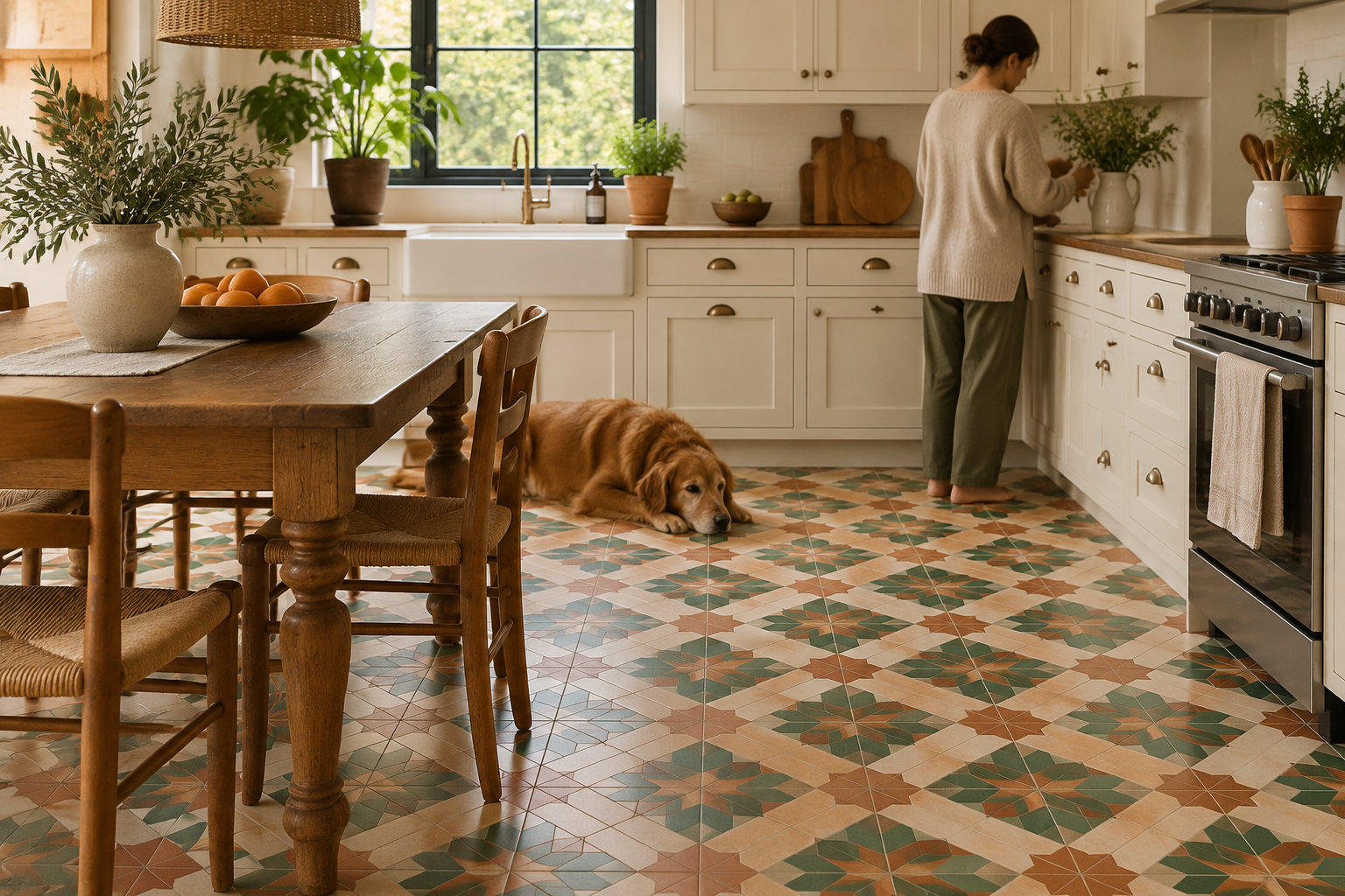 Une femme prépare quelque chose dans une cuisine lumineuse tandis qu’un chien est couché sur le sol carrelé, près d’une table en bois garnie d’un bol d’oranges et de plantes.