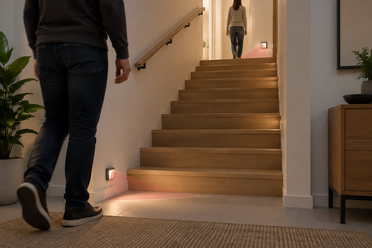 Deux personnes se trouvent près d’un escalier en bois équipé de petites lumières murales projetant des faisceaux lumineux sur les marches.
