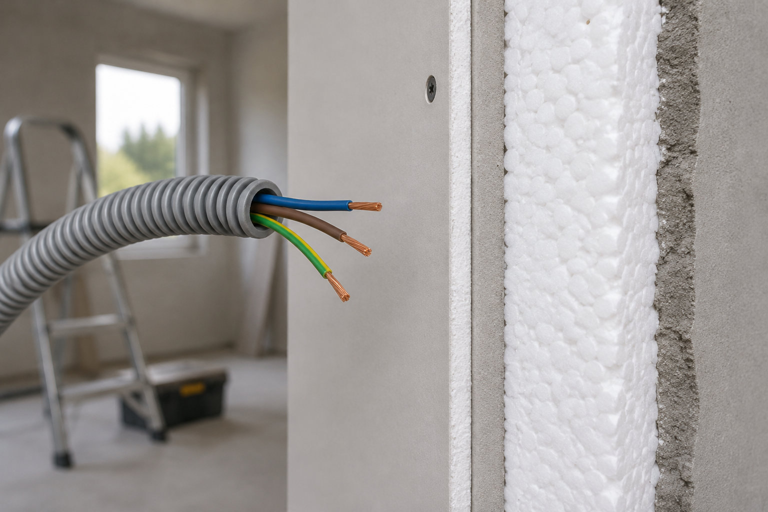 Un câble électrique gainé de gris laisse dépasser trois fils dénudés devant une cloison ouverte montrant une couche d’isolant blanc, avec une échelle en arrière-plan.
