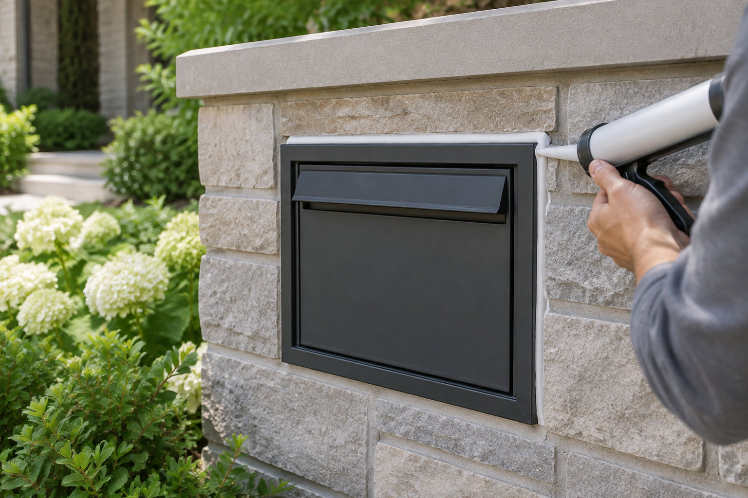 Une personne applique du mastic autour d’une boîte aux lettres encastrée dans un mur en pierre, près d’un jardin.