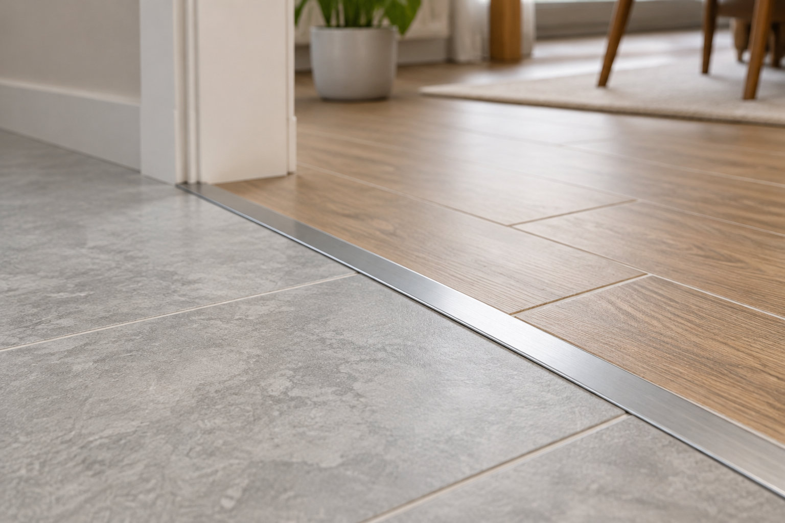Un seuil métallique sépare un sol en carrelage gris d’un parquet dans une pièce lumineuse.