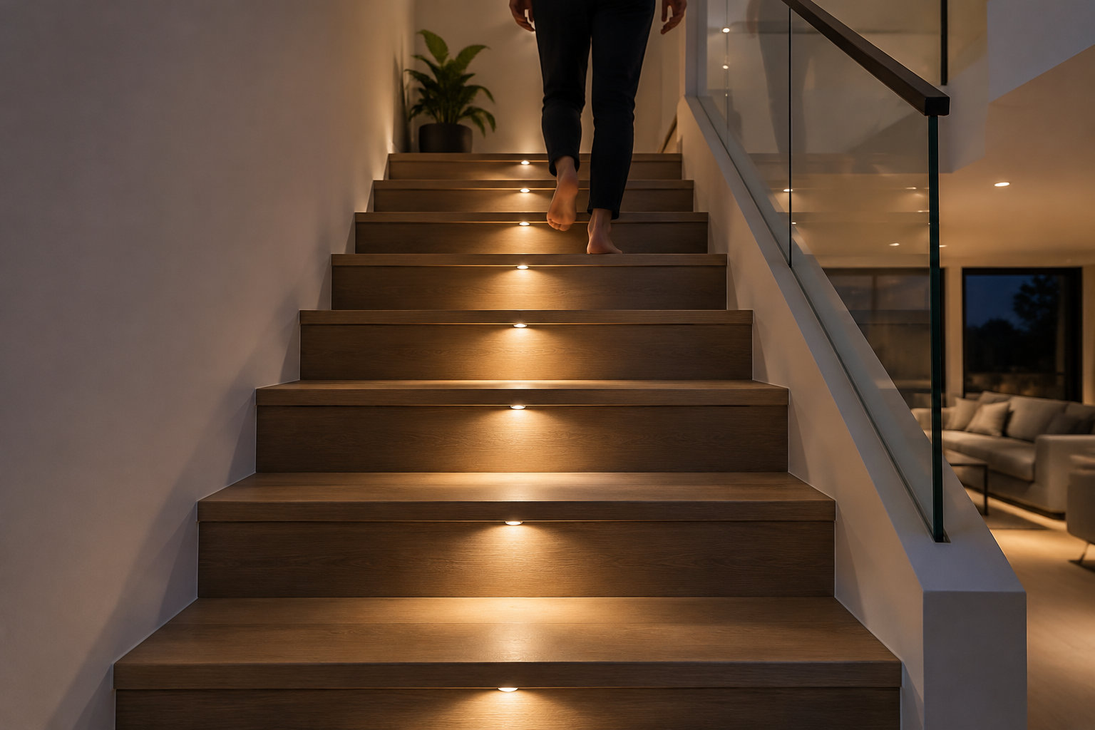 Une personne monte pieds nus un escalier en bois éclairé par des lumières intégrées, dans un intérieur moderne avec une rampe en verre.