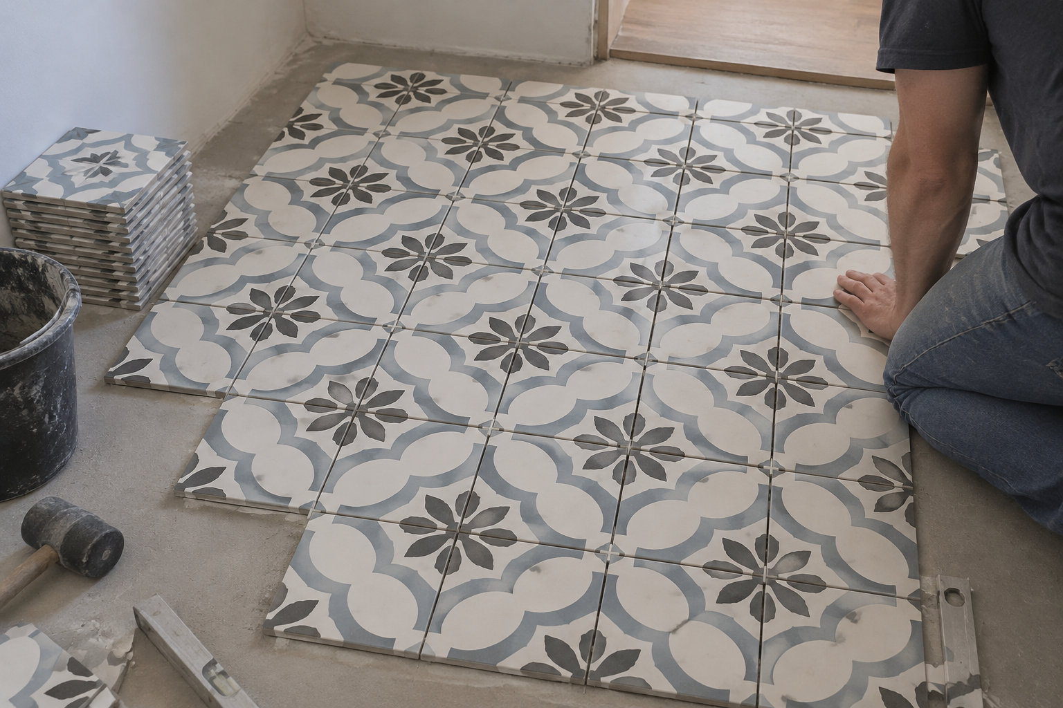 Un homme agenouillé pose des carreaux décorés de motifs géométriques sur un sol, près d’un seau et d’un maillet.