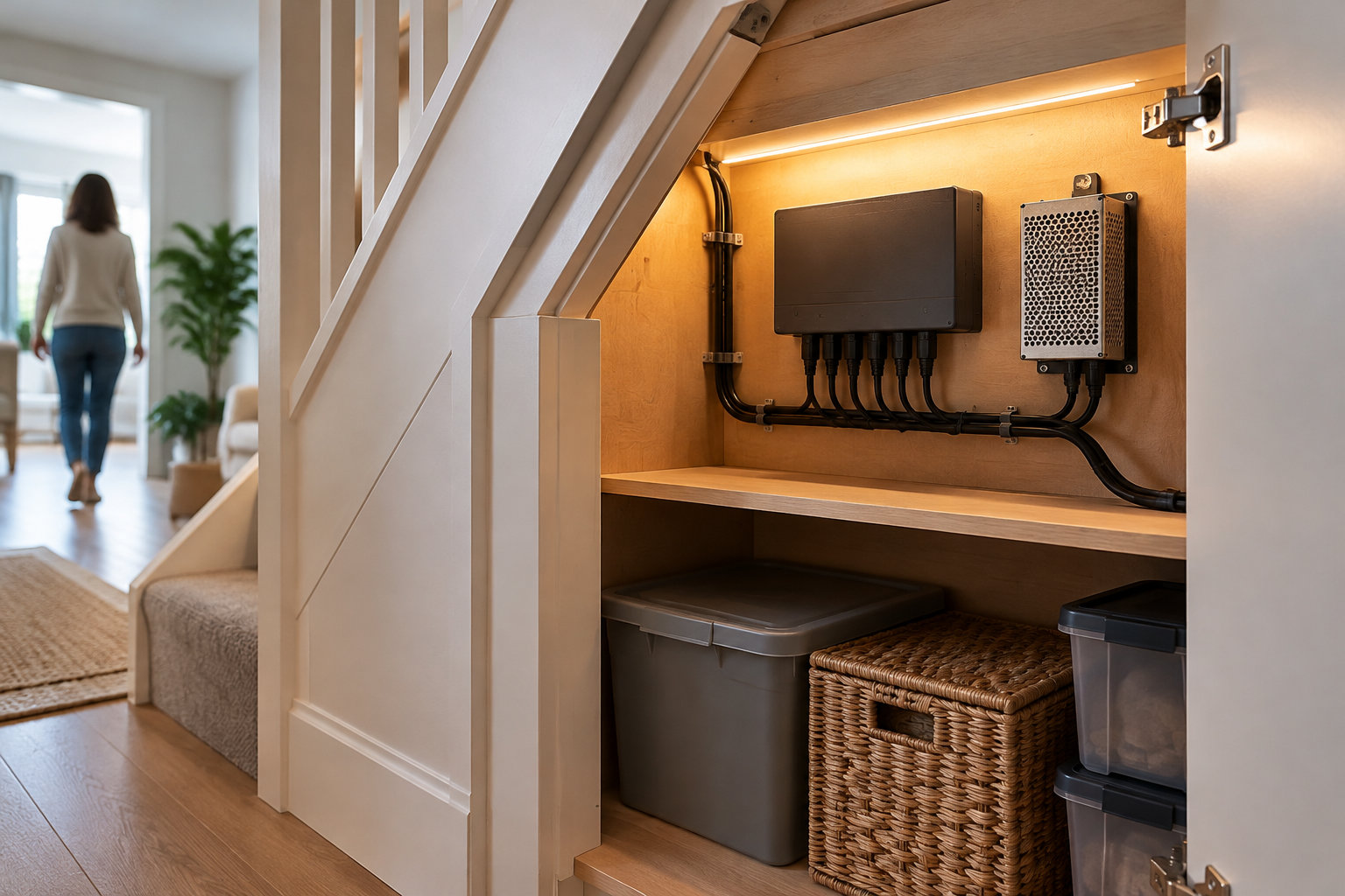 Un placard sous un escalier ouvert abrite des boîtiers électriques, des câbles, des bacs de rangement et un panier tressé, tandis qu’une femme s’éloigne dans la pièce voisine.