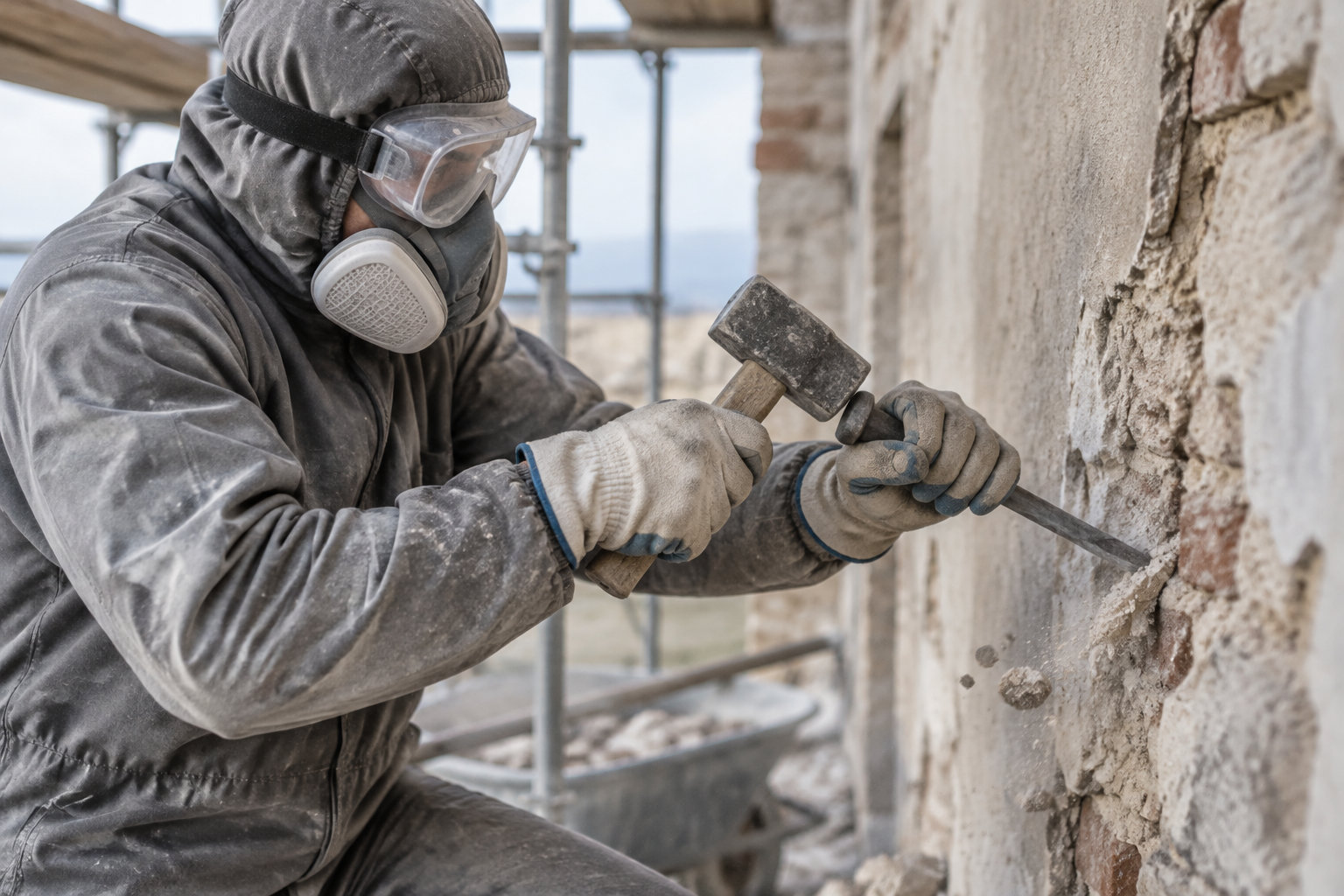 Un ouvrier équipé de lunettes, d’un masque et de gants frappe un burin avec un marteau pour travailler une paroi en pierre.