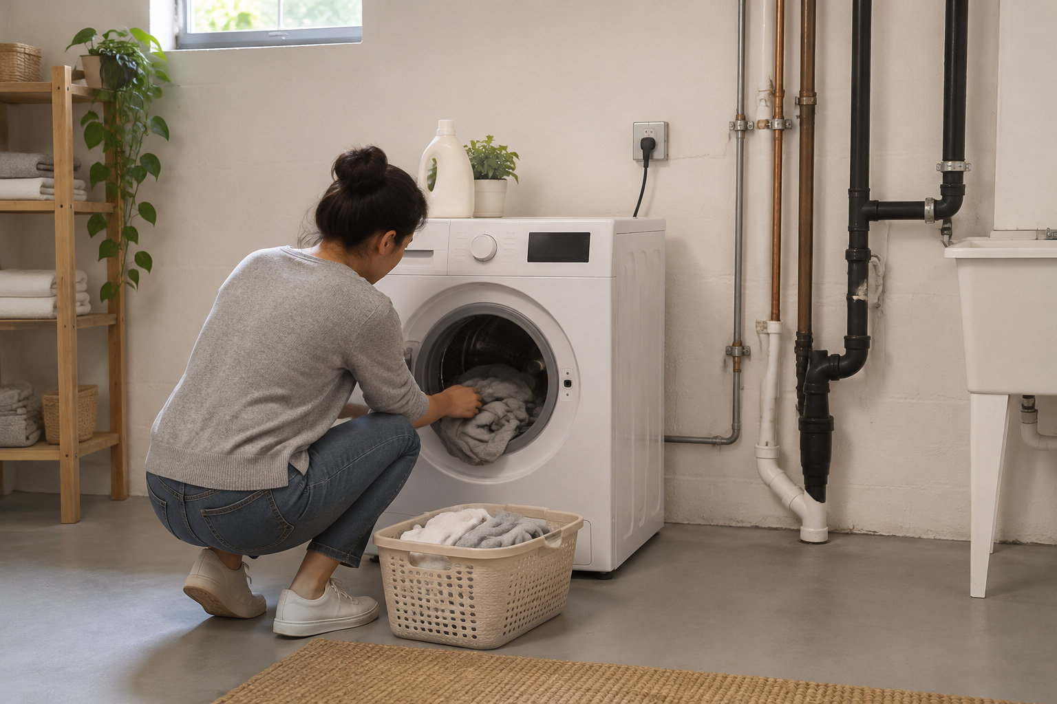 Une femme accroupie charge du linge dans une machine à laver, près d’un panier rempli de vêtements, dans une buanderie.