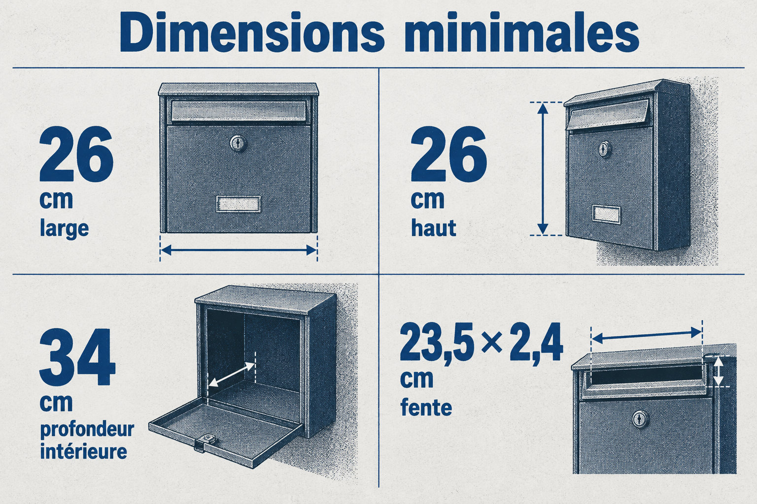 Une boîte aux lettres normalisée mesure au minimum 26 cm de large, 26 cm de haut et 34 cm de profondeur intérieure ; sa fente mesure au moins 23,5 × 2,4 cm.